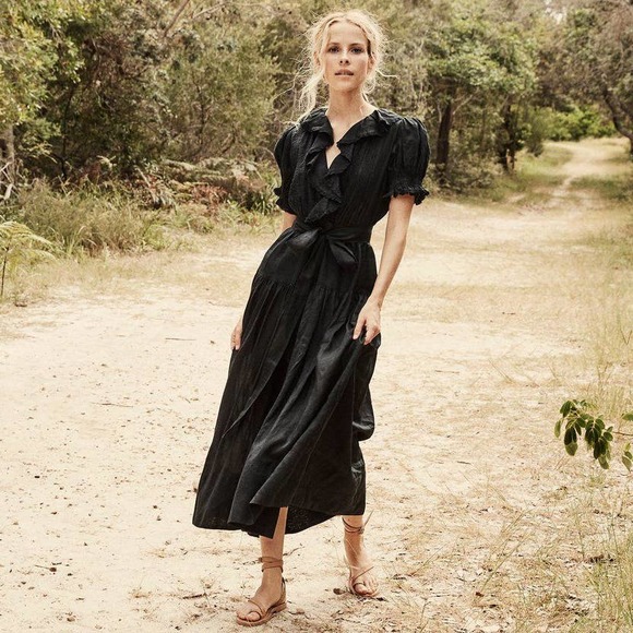 Doen Dresses & Skirts - Doen Poet Dress Black Maxi Puff Sleeve Ruffle Button Front Cottagecore SZ L